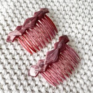 Depose Vintage Made in France Pink Mauve Diamond Bar Hair Brush Comb Clips Set 2